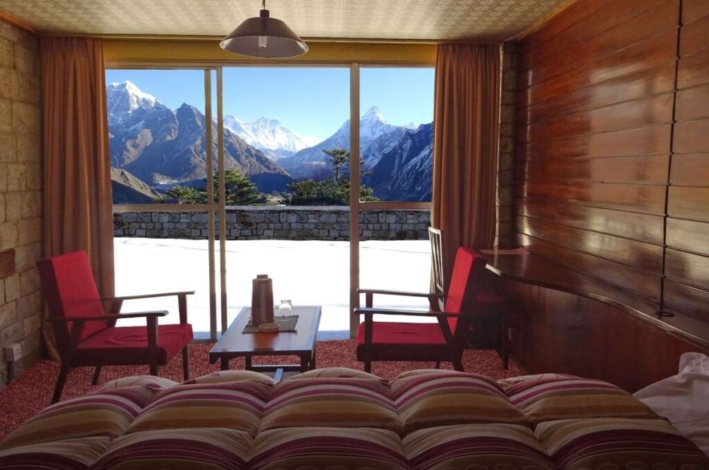 View of Evrest Lhotse and Amadablam from the room of Everest View Hotel