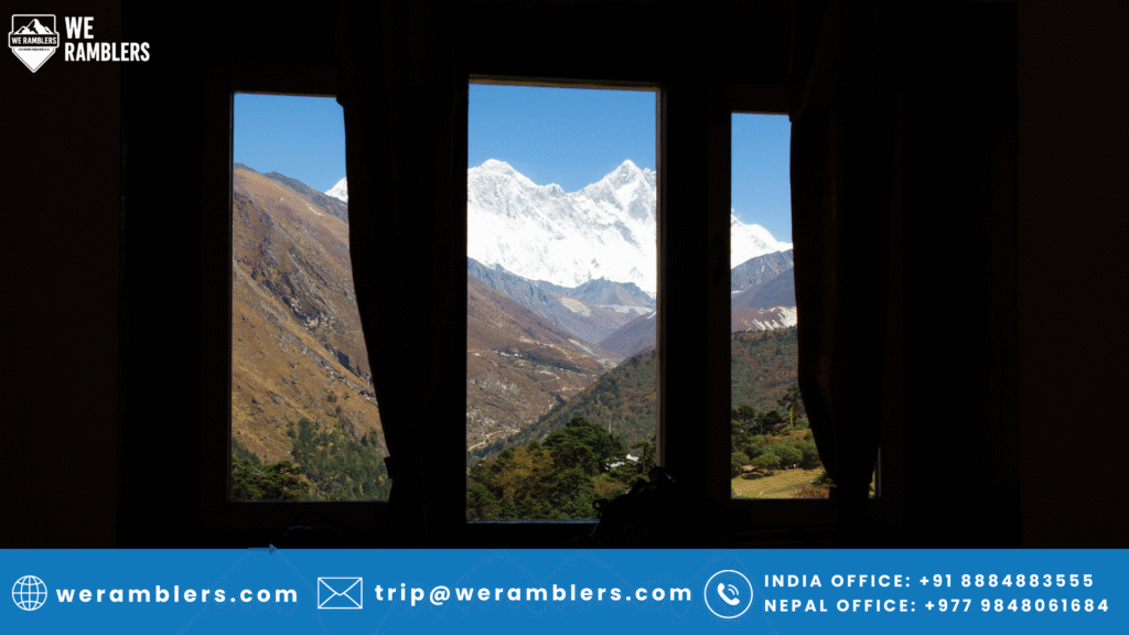Everest snow peak view through hotel resort room window