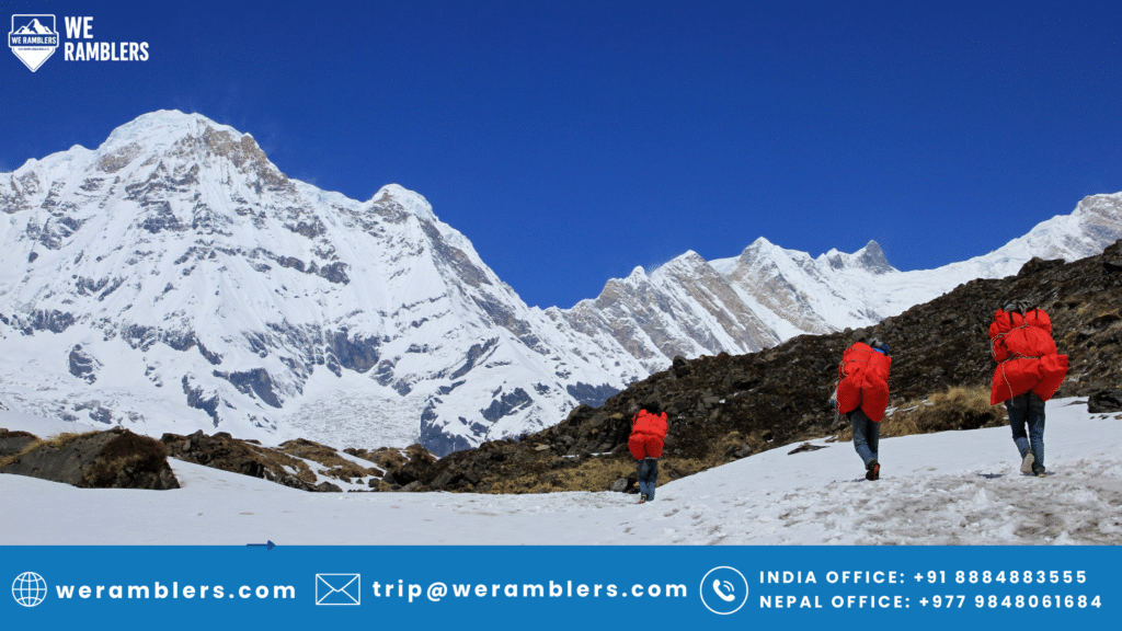 Sherpas Trekking Through Snowy Mountains in Nepal